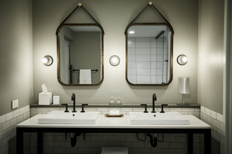 Double vanity in the bathroom of a downtown Minneapolis hotel room