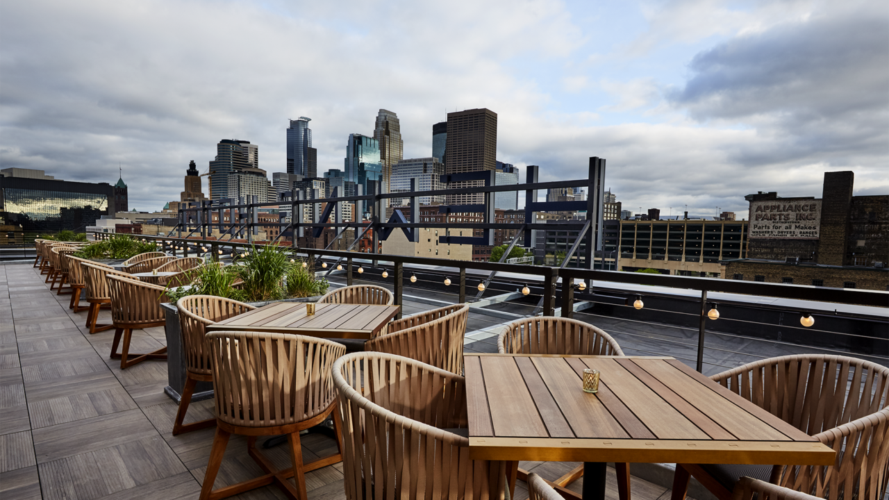 Downtown Minneapolis hotel rooftop overlooking the city