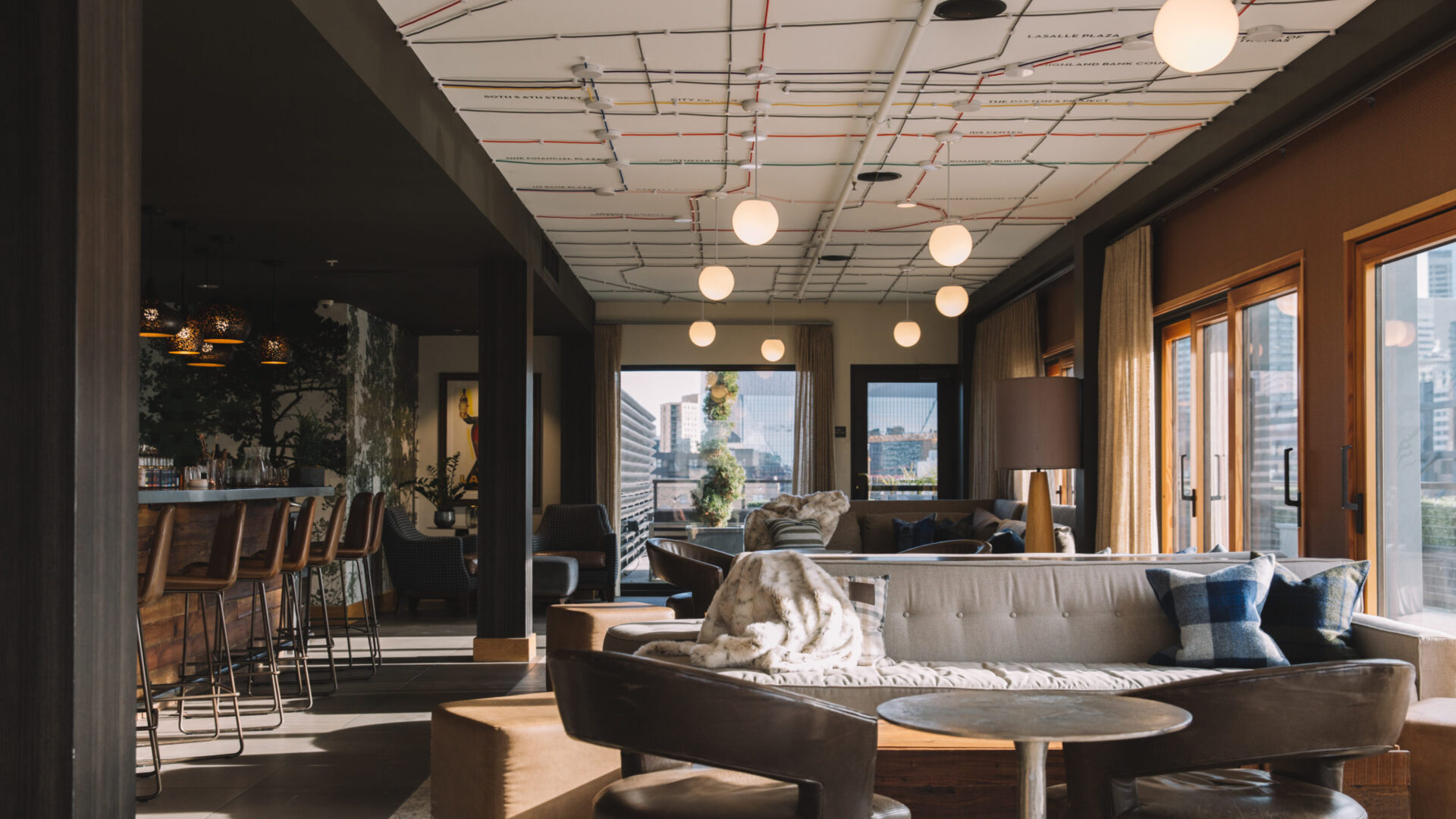 Neat lighting at out hotel lounge and bar at our boutique hotel in Minneapolis