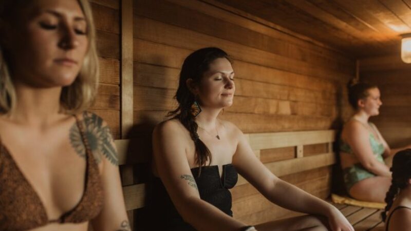 Women relaxing in a sauna at our hotel rooftop in Minneapolis