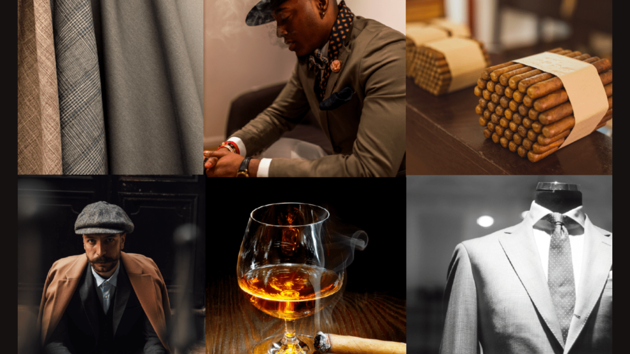 Collage of images relating to cigars, whiskey, and mens' suits
