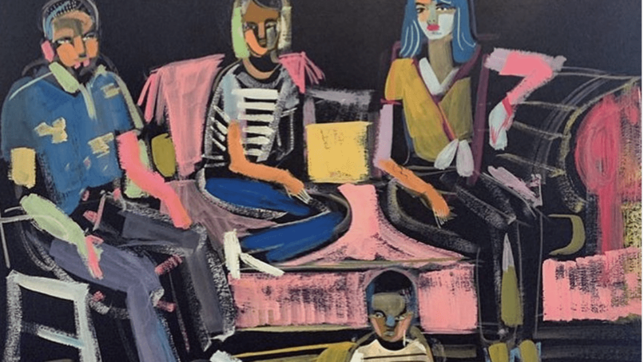 Stylized painting of a family together on a couch at our North Loop hotel