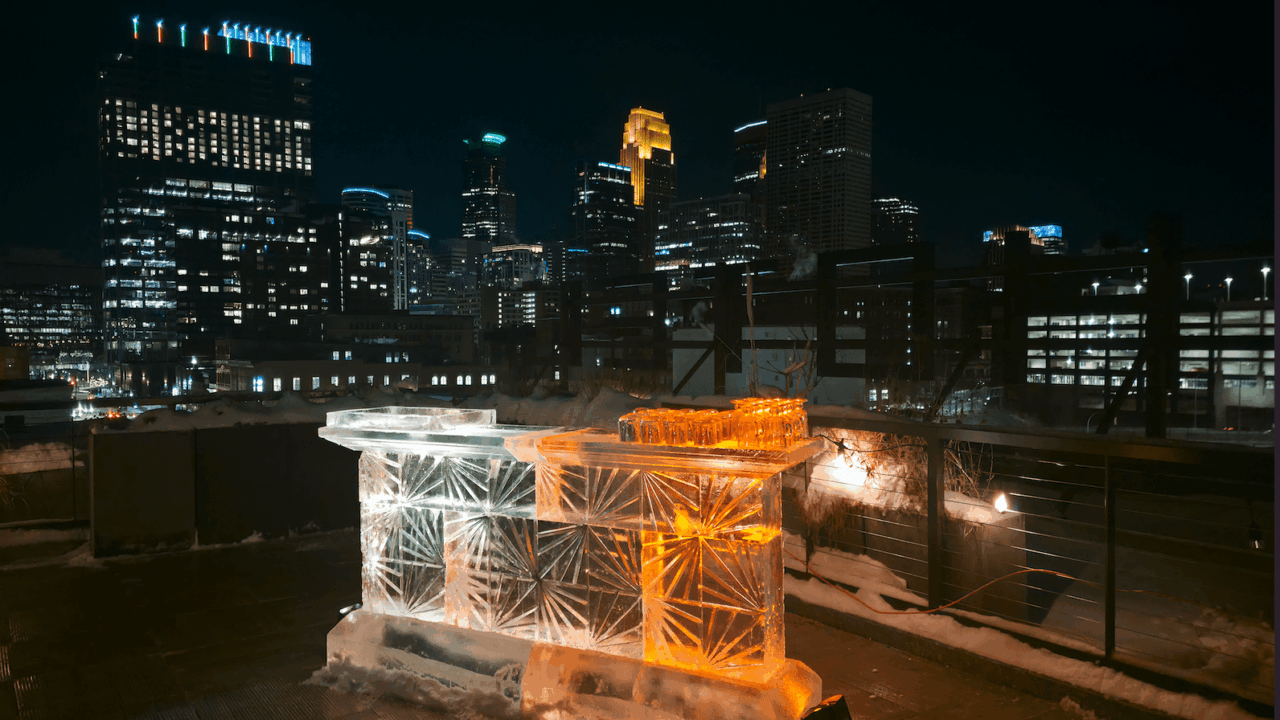 Nighttime shot of Bar made of ice on top of Hewing Hotel in Minneapolis.