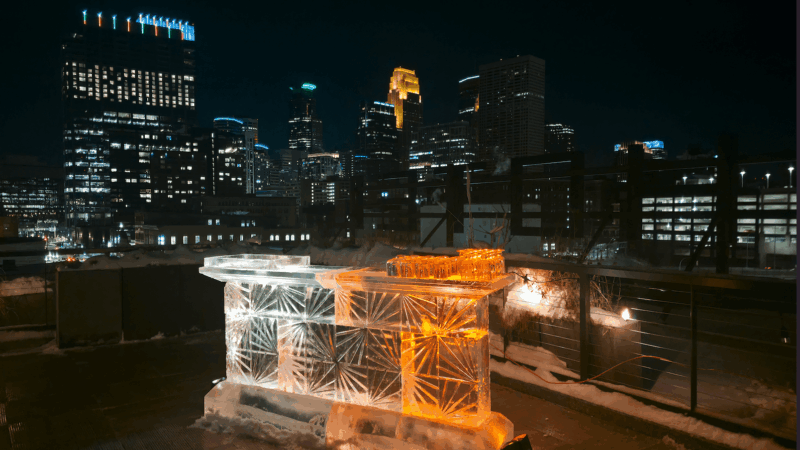 Nighttime shot of Bar made of ice on top of Hewing Hotel in Minneapolis.